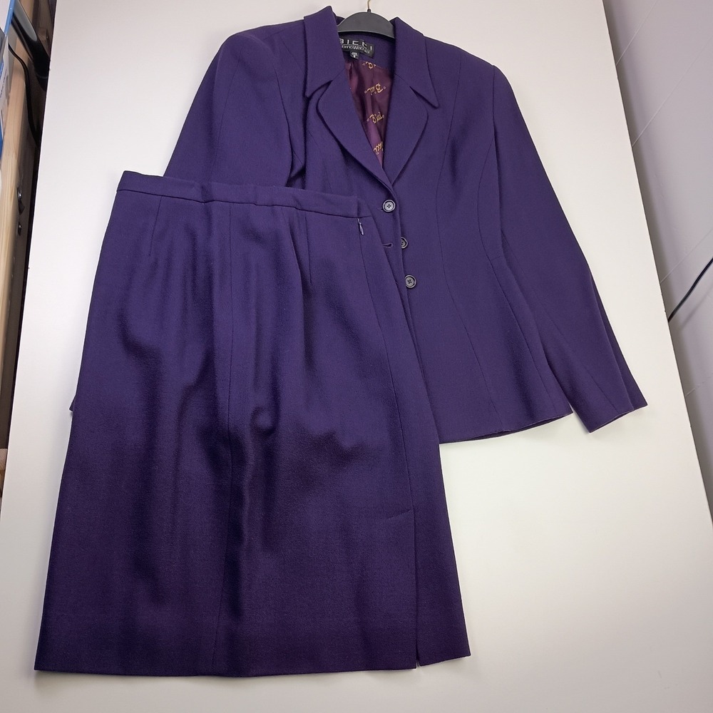 Bicci Florine Wachter Purple 100% Wool Skirt Suit Blazer Set Size 6 Vintage‎